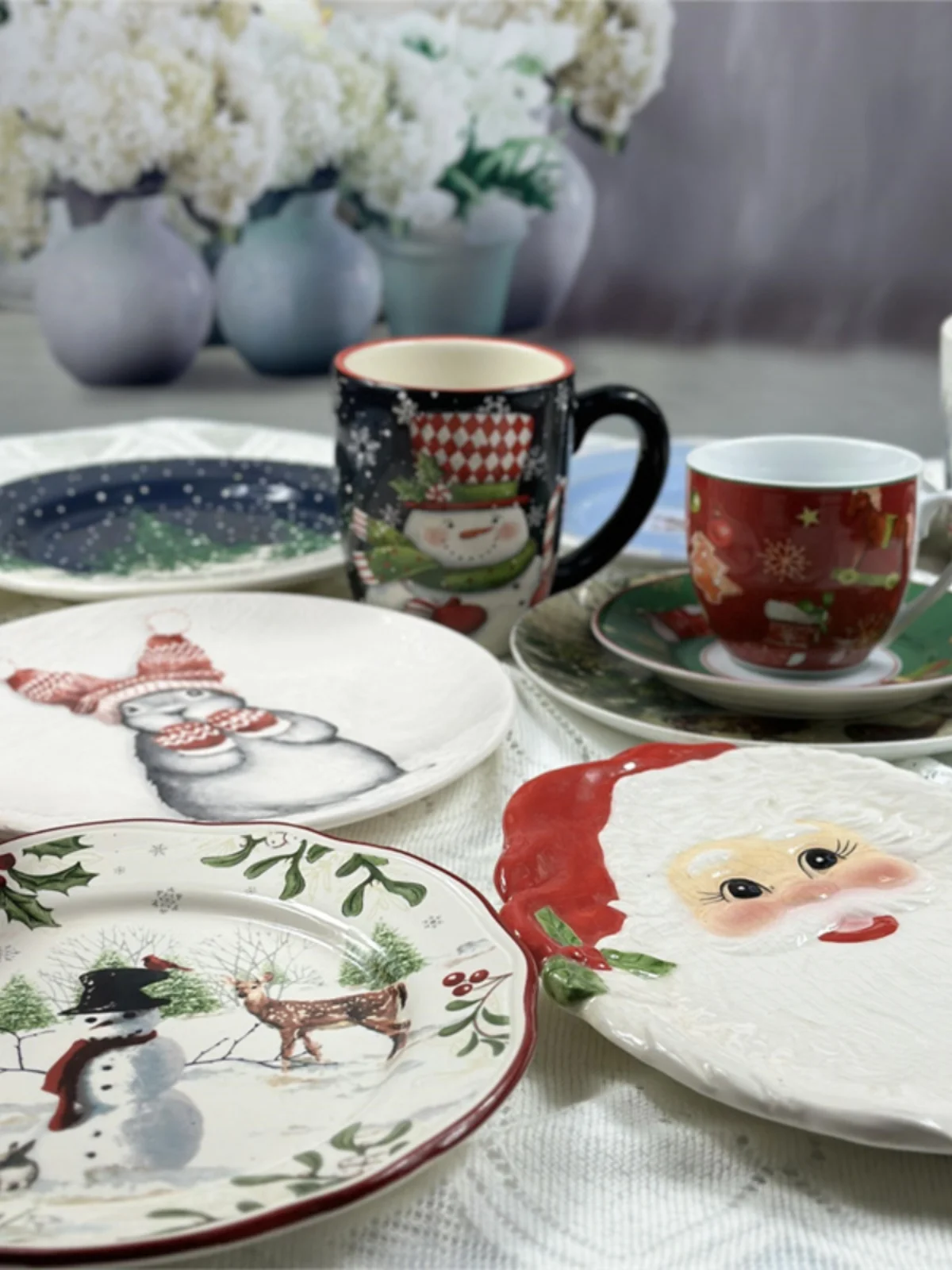 

Export tail order ceramic hand-painted cartoon Christmas tableware reindeer Santa Claus snowman plate noodle bowl mug