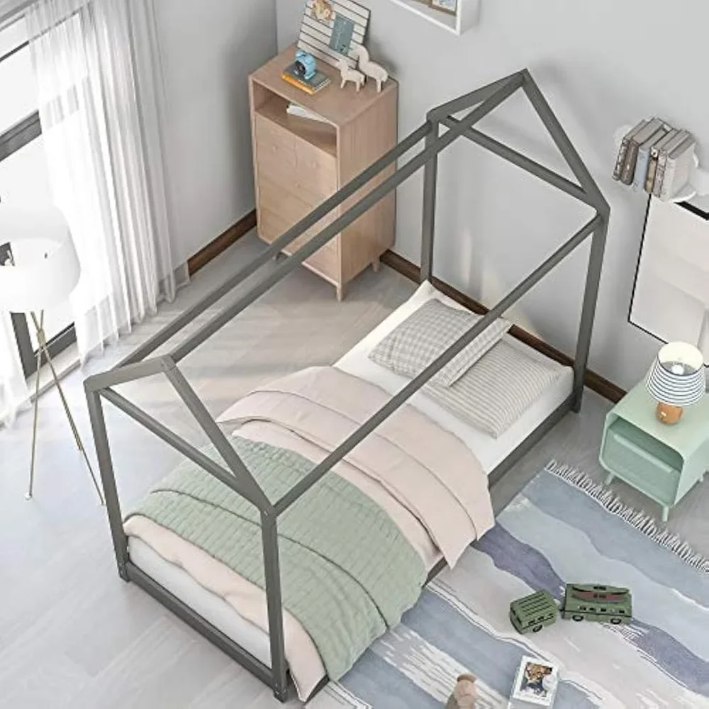 House Twin Bed Frame Wooden Platform Bed for Kids,No Box Spring Needed, Gray 5