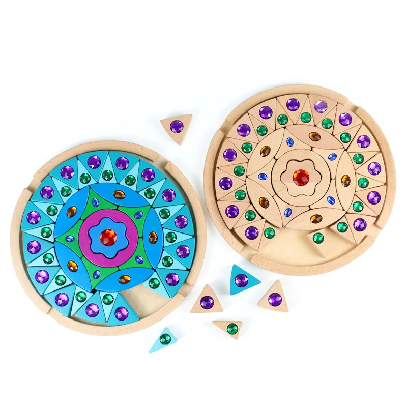 Wooden Mandala Diamond Bricks Creative Building Color Cognition Kids Early Education Educational Toys Gems Blocks Rainbow