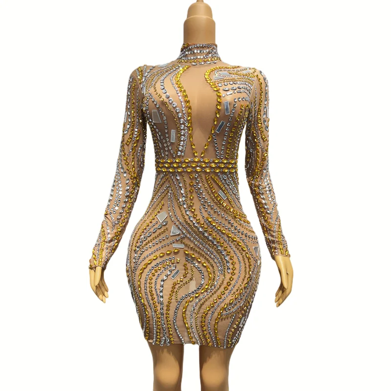 

New Gold Silver Pearls Rhinestones Sexy Dancer Costume Mirrors Stretch Transparent Dress Evening Birthday Celebrate Outfit