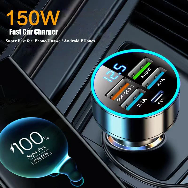 Caricabatteria da auto USB a 4 porte tipo C PD 150W adattatore di ricarica rapida per Huawei OPPO Oneplus iPhone 14 Pro Max 13 12 11 Mini XS Xiaomi - immagine 6