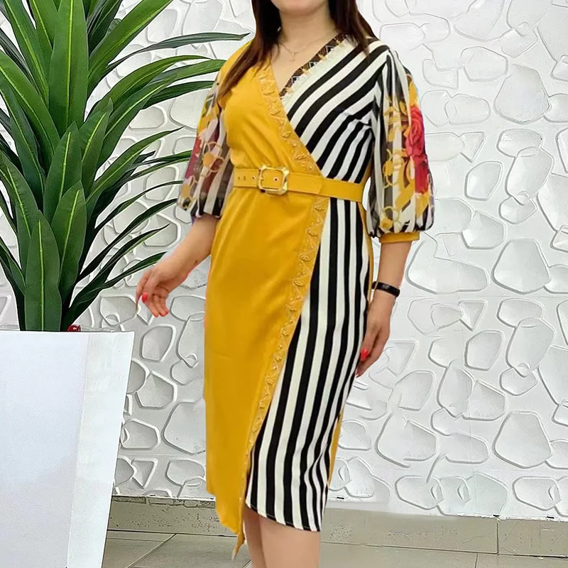 Temperament Striped Print V-Neck Hot Drilling Sashes Pencil Skirt Autumn Elegant Three Quarter Sleeve Plus Size Dress for Women