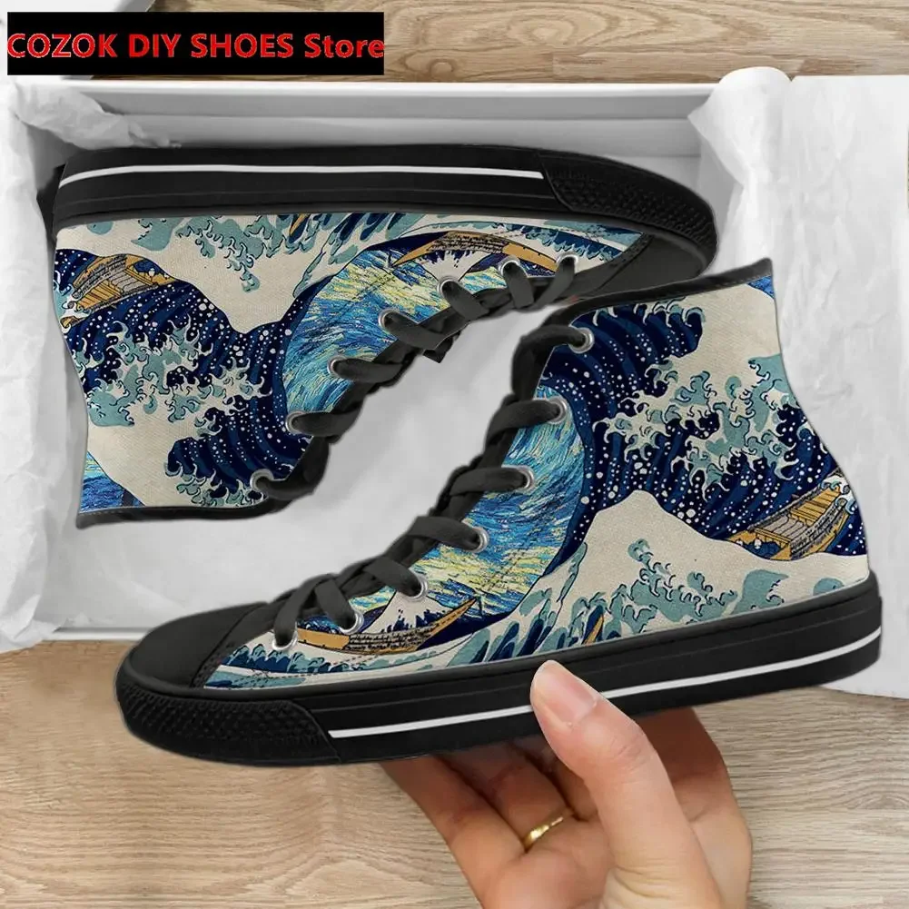 Japanese Ocean Waves Painting Vulcanized Shoes Women Canvas High Top Flat Shoes Casual Lace Up Sneakers for Ladies