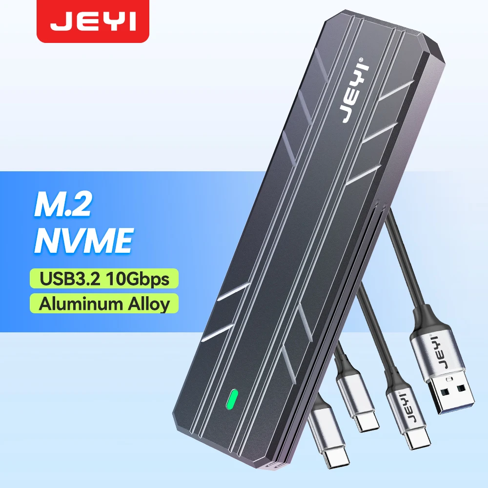JEYI M.2 NVME SATA SSD Enclosure USB C 3.2 Gen 2 10Gbps or 6Gbps SATA M-Key(B + M Key) SSD Reader Dual Protocol Hard Disk Case