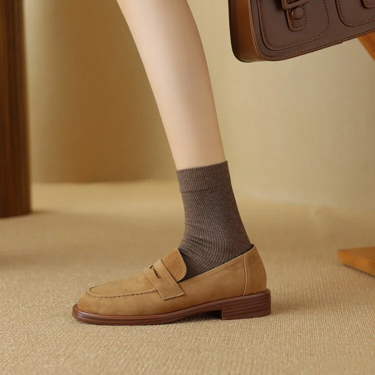 2026 Spring Sheep Suede Women Shoes Round Toe Chunky Heel Women Pumps Shoes for Women Deep Mouth Loafers Low Heels Ladies Shoes