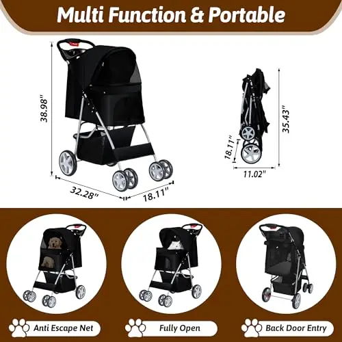 

Pet Stroller 4 Wheels Dog Cat Stroller for Medium Small Dogs Cats, Folding Cat Jogger Stroller with Storage Basket