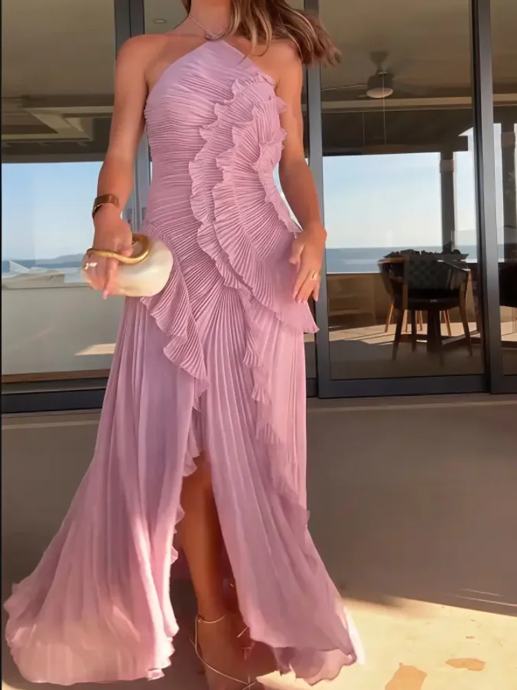 chinese dress ladies Red Pleated Halter Neck Color Block Maxi Dress *FINAL SALE* – SSYS main image 1