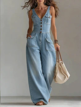 Women’s Denim Sleeveless V-Neck Jumpsuit 1