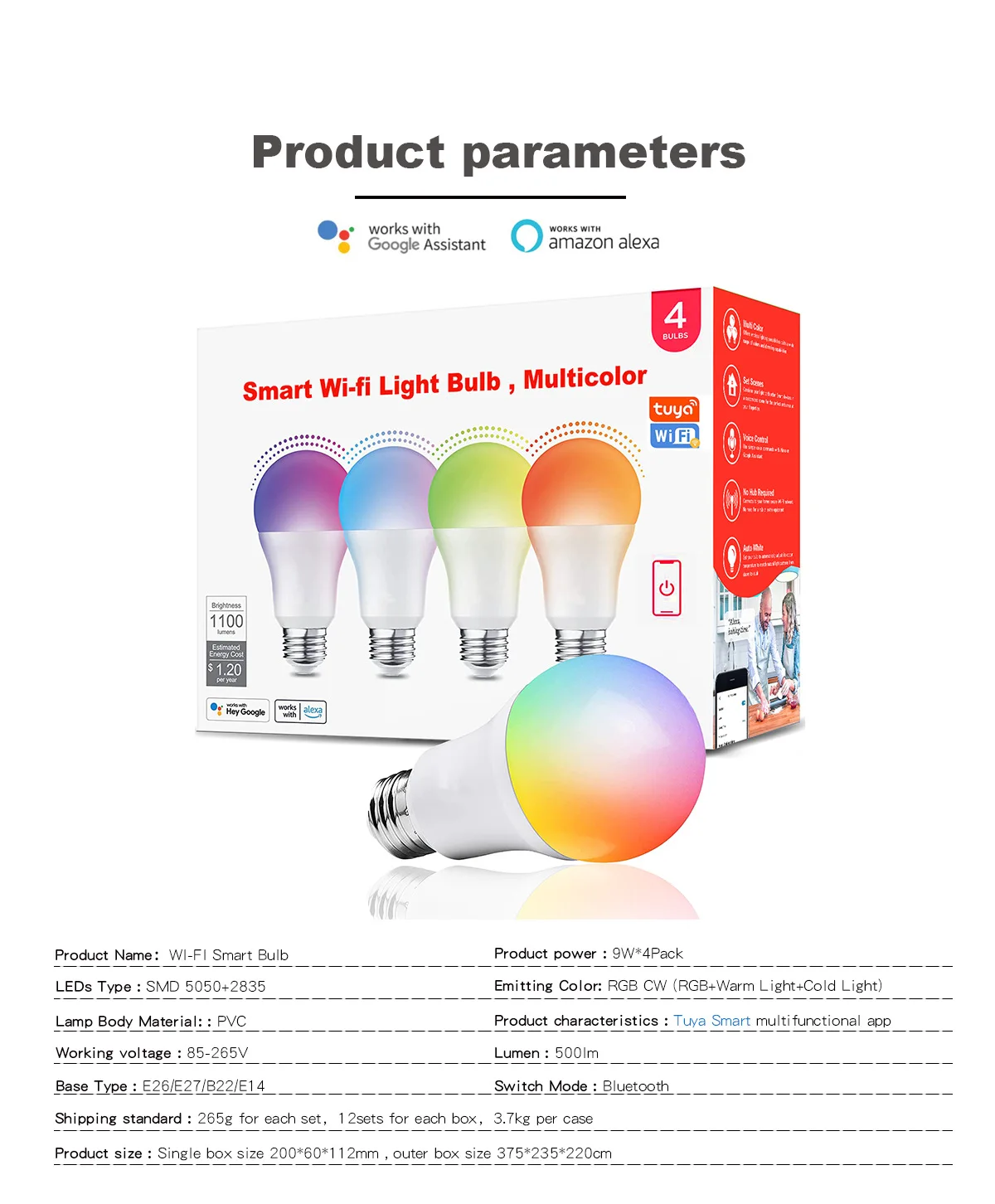 4 חבילות נורת חכמה Tuya WiFi Smart Bulb Smart Light E27 LED Lights RGB Dimmable Lamp Smart Life APP Voice Control עובד עם Alexa Google Home
