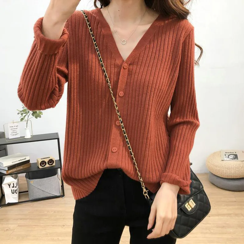 Fashion Solid Color V-Neck Screw Thread All-match Knitted Shirt Female Clothing 2022 Autumn New Casual Tops Office Lady Blouse