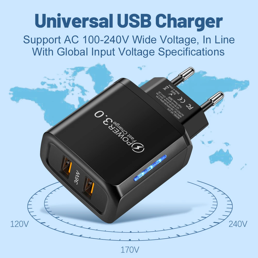 Universal USB Charger 36W Phone Adapter Charger Dual USB Fast Chargers for iPhone 17 Xiaomi Huawei Travel Charging Wall Adapter