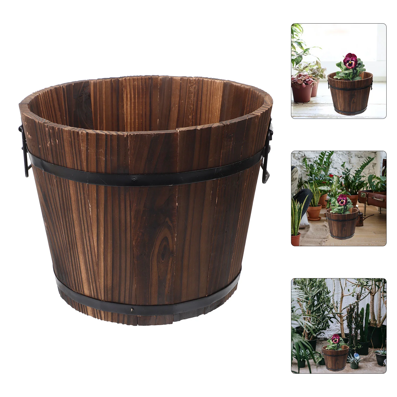 

Rustic Wooden Whiskey Barrels Bucket Handle Flower Planter Plant Pots Boxes Container Pail Patio Garden Backyard