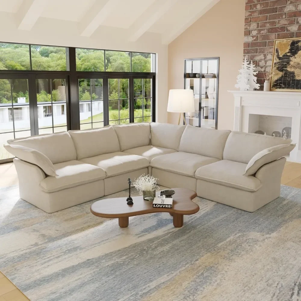 【V-Shaped Beige】Convertible Modular Cloud Couch - Minimalist Deep Seat | Down Fill Sectional Sofa, Modern Living Room Furniture 1