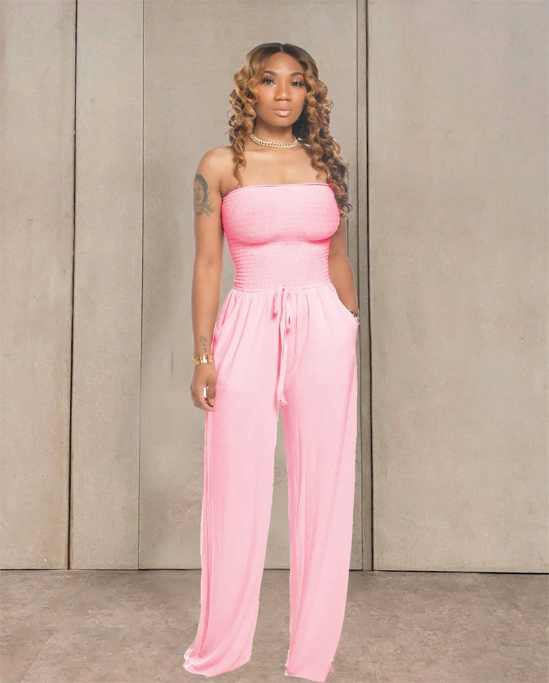 Hot Sale – Off Shoulder Solid Color Smocked Jumpsuit