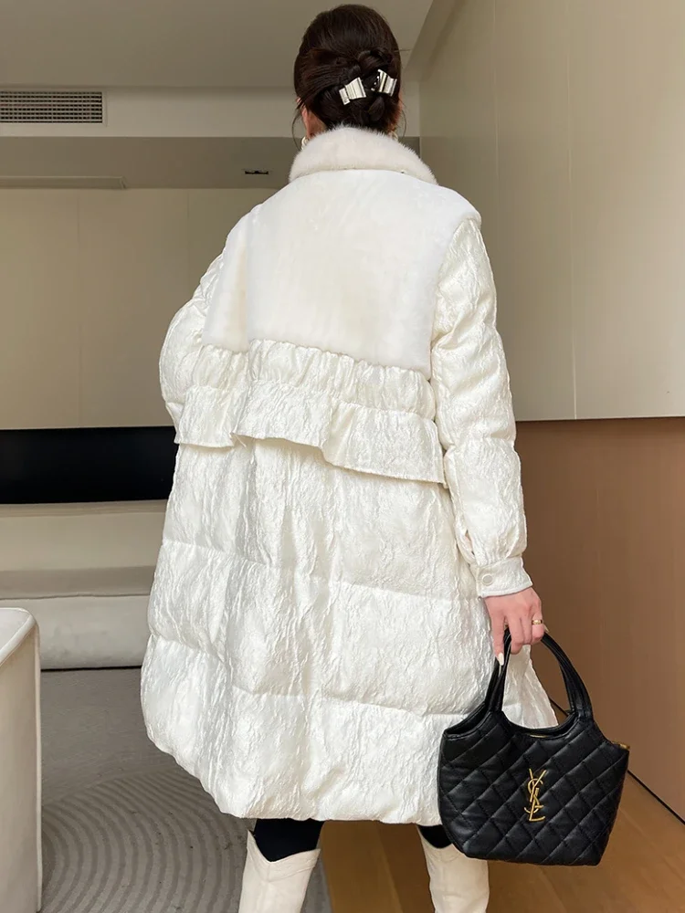 Winter Long Down Jacket for Women 2024 New High Quality Thickened Warm Patchwork Mink Fur White Goose Down Coats