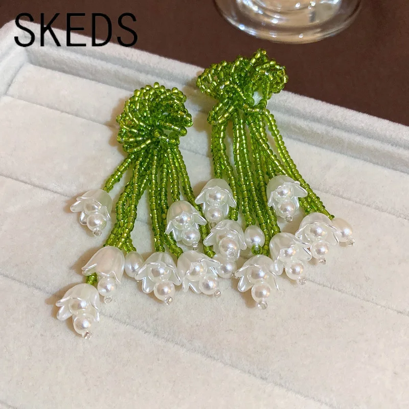 SKEDS-신상품 우아한 릴리 오브 더 밸리 귀걸이 브로치, 클래식 한국 스타일 패션 술 귀걸이 핀 여성용