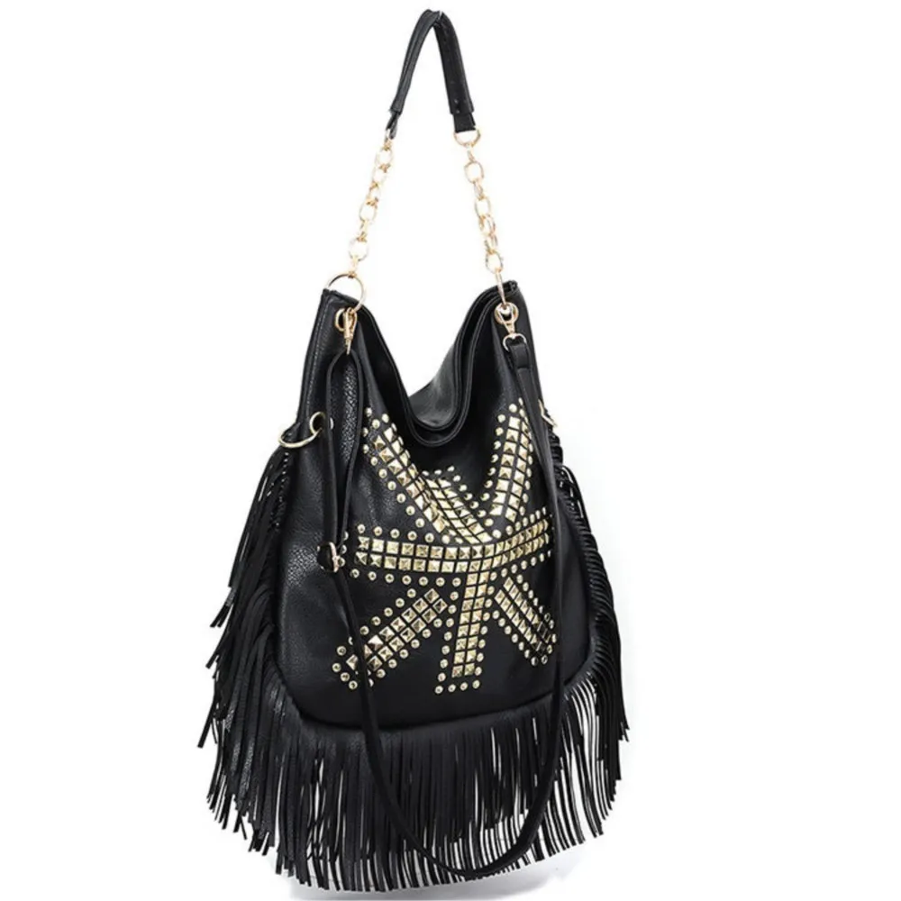JIAERDI Vintage Beading Black Handbag Women Large Capacity Tassel Casual Shoulder Bags Female Retro Soft Leather Handbags Purse