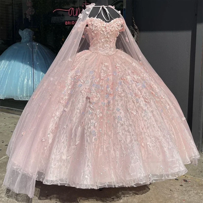 

ANGELSBRIDEP Blush Pink Quinceanera Dresses With Cape Formal Graduation Lace Up Princess Sweet 15 16 Dress vestidos de 15 años