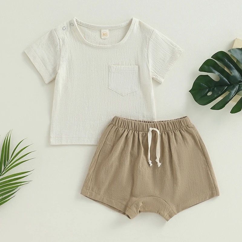 

Baby 2 Piece Outfits Solid Color Short Sleeve Newborn Shirt and Elastic Shorts Set Cute Summer Clothes