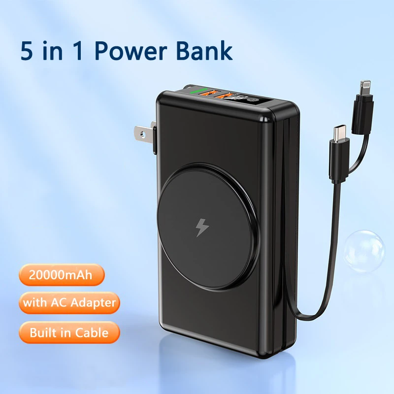 

22.5W Fast Charging Power Bank 5 in 1 Magnetic Qi Wireless Charger PowerBank 20000mAh Portable Charger for iPhone Huawei Xiaomi