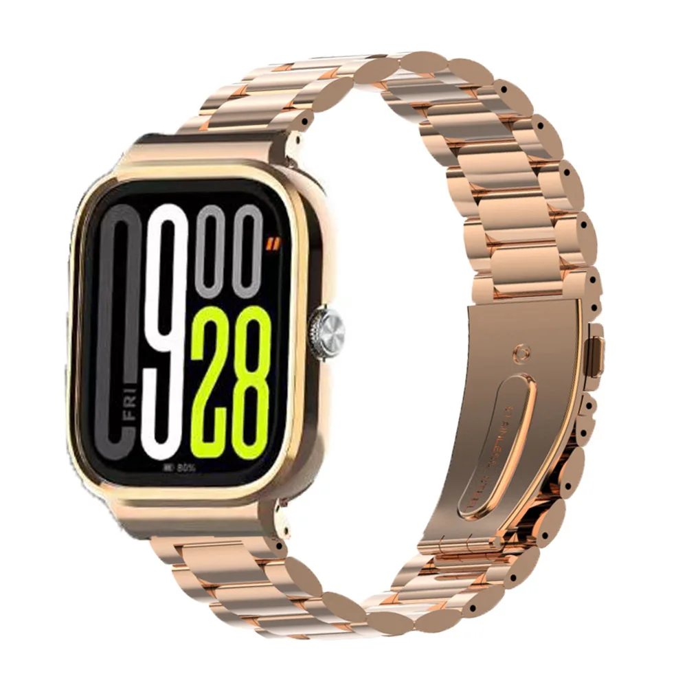Enhanced Metal Watch Strap and Protective Case Set - Three-Bead Stainless Steel Design