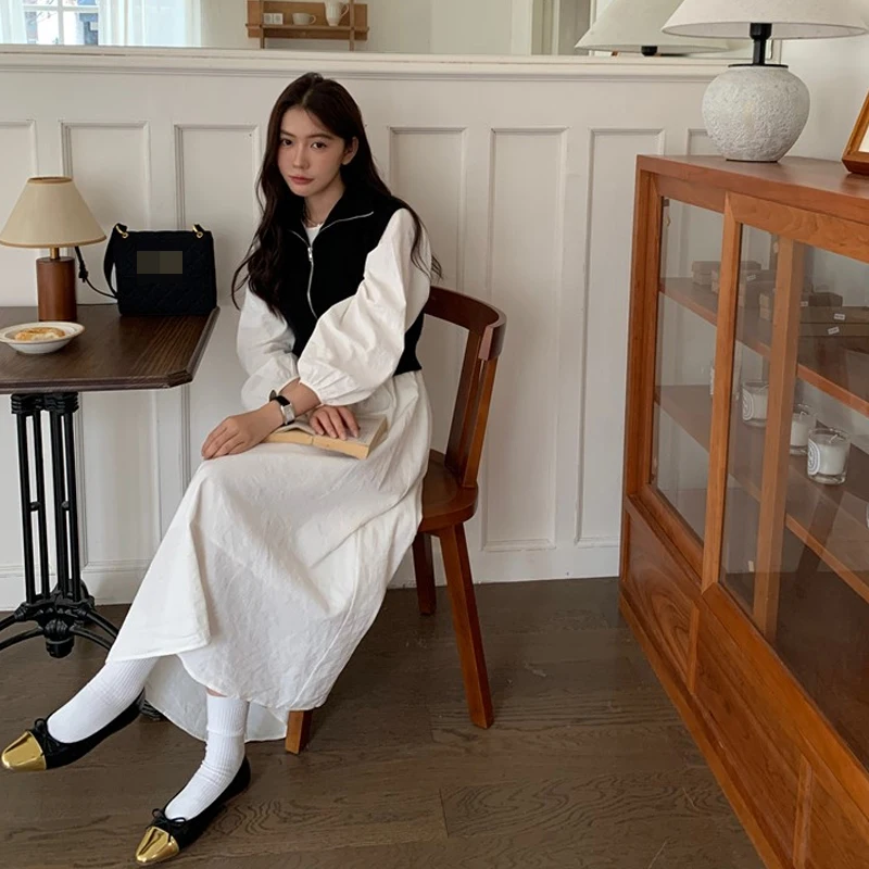 세련된 한국 스타일 정장 스커트 여성 봄 가을 폴로/거북이 목 조끼 카디건 자켓 루즈 피트 라운드 넥 드레스 세트