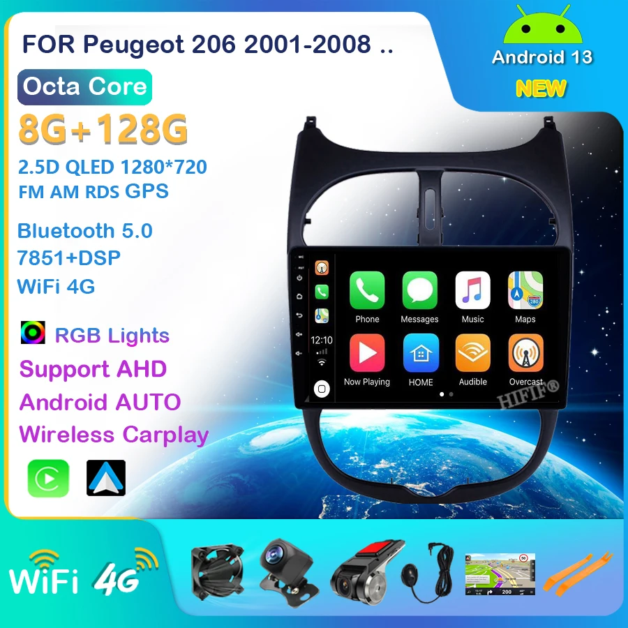 

For PEUGEOT 206 2000-2018 Android 13 DSP 8 core Car Radio Navigation multimedia Player GPS IPS screen player no car DVD Player