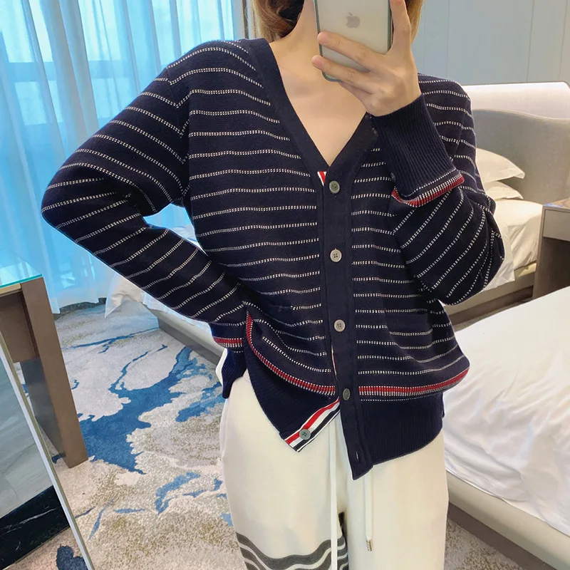 

High Quality Korean Style TB College Knit Dotted Stripe Contrast Loose Casual Versatile V-neck Cardigan Top Blazer 2023 Fall