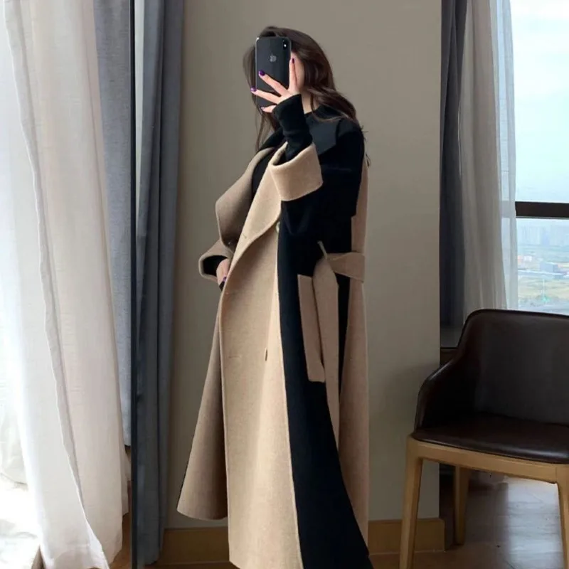 Winter New Women Woolen Coat Fashion Patchwork Double-breasted Cardigan Anti-wrinkle Lapel Trench Outwear High Sense Overcoat