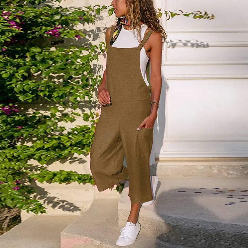 Newest Summer Solid Color Women Play-suit Cotton Linen Casual Loose Long Wide Leg Jumpsuit Suspenders Overalls Lady Pants Fashio