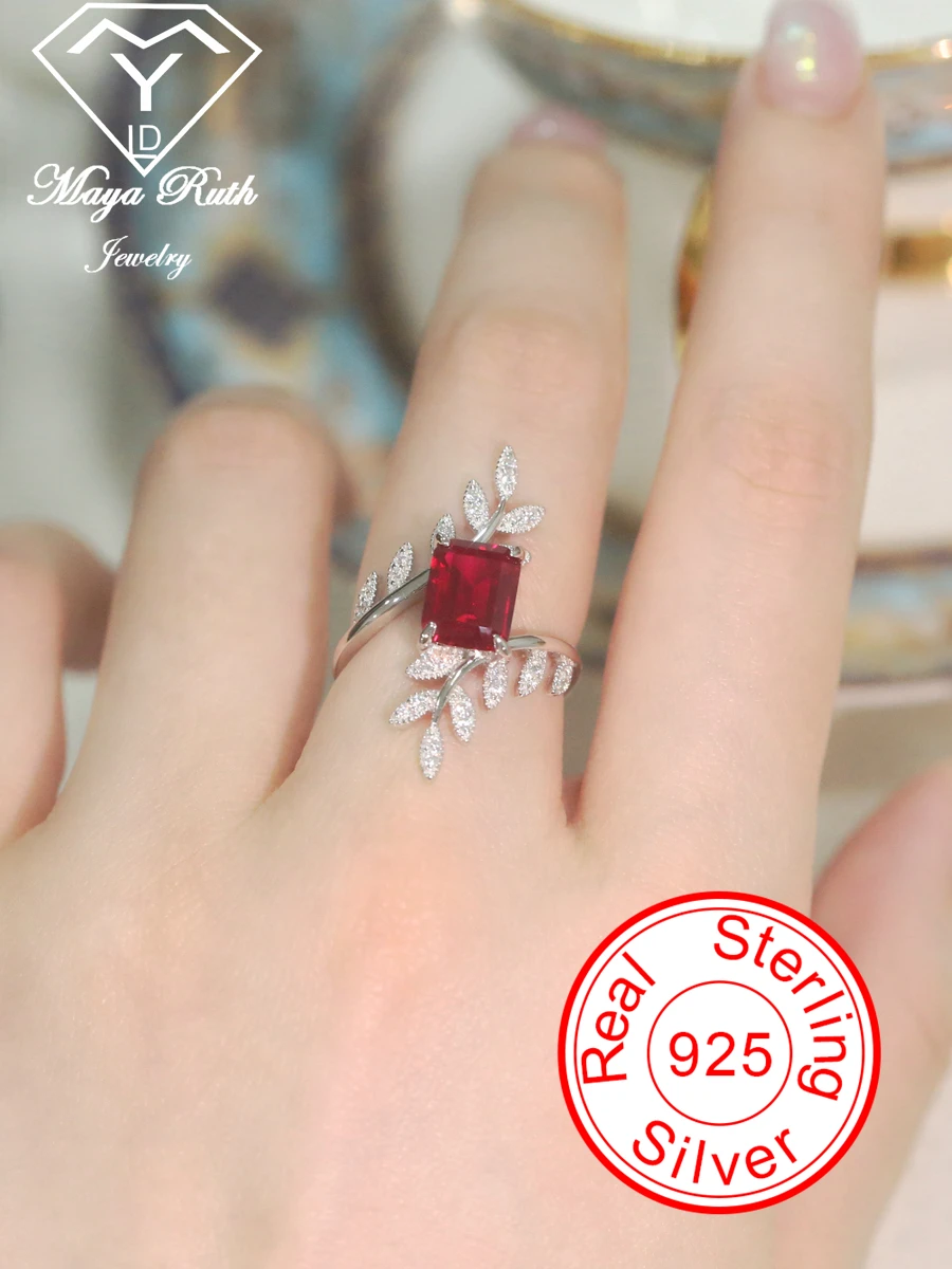 Created Ruby Gemstone Ring Real 925 Sterling Silver Party for Women Gifts  Leaf Square Shape Special Design Vintage Elegant| | - AliExpress
