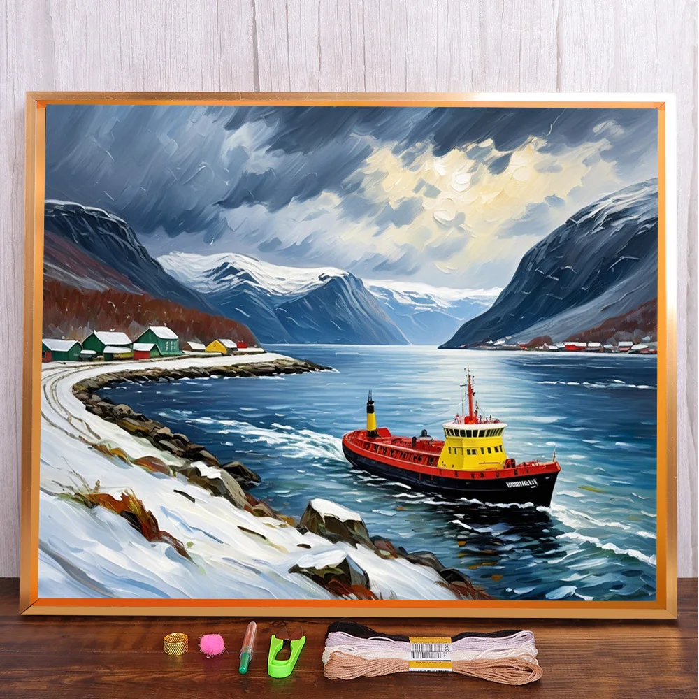 Landschaft Winter Fluss vorgedruckt 11CT Kreuzstich-Set Stickerei Handarbeit Hobby Handwerk Handwerk Verkauf Raumdekoration anders