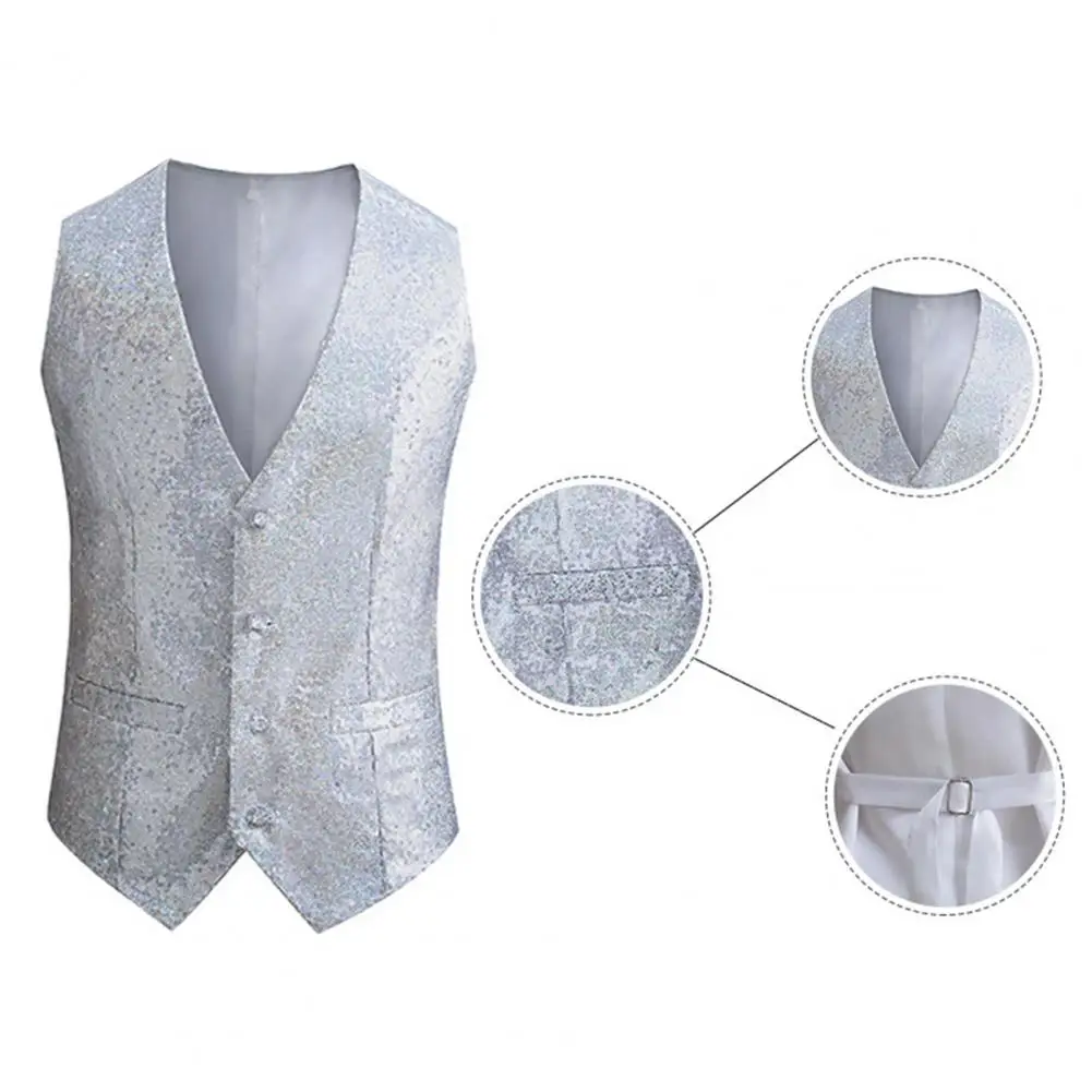 

Sleeveless Vest Sequin Sleeveless Slim Fit Men's Vest with Adjustable Back Buckle for Stage Show Emcee Performance Shiny