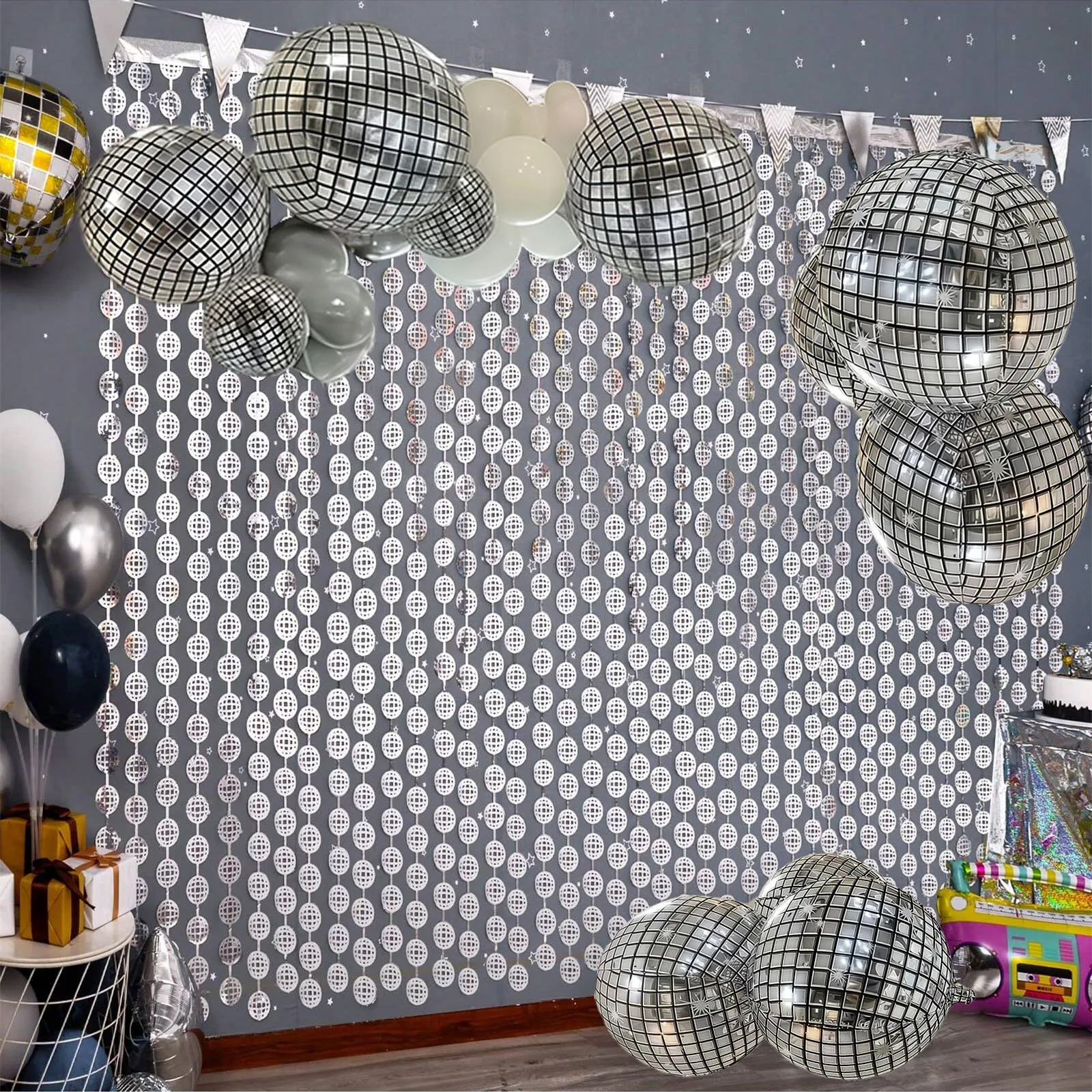 10pcs/set disco party decoration, including silver foil curtain disco ball balloons s, 70s 80s dance party decorations supplies