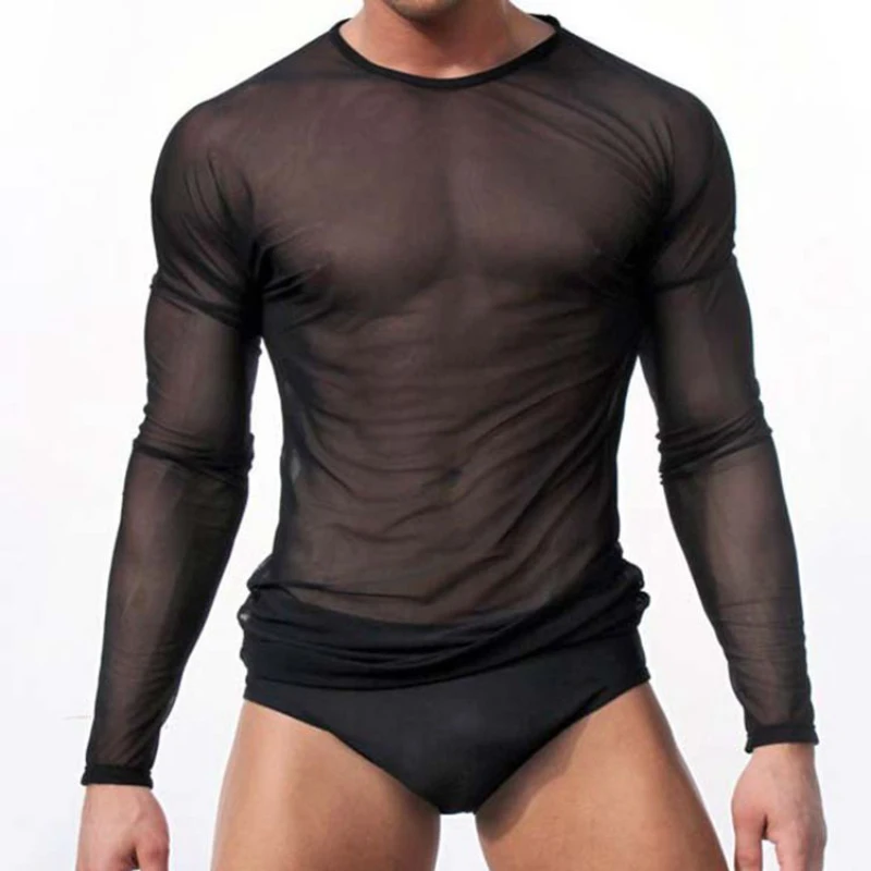 

AIIOU Mens Undershirt Sexy Gay Clothing Nylon Mesh Transparent Sheer Shirts Long Sleeves Slip Homme T Shirts Underwear Clubwear