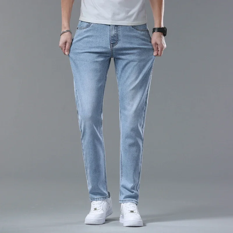 Fashion Korean Light Blue Slim Jeans Men Spring New Classic Regular Stretch Trousers Casual Soft Cotton Denim Trousers Male 3