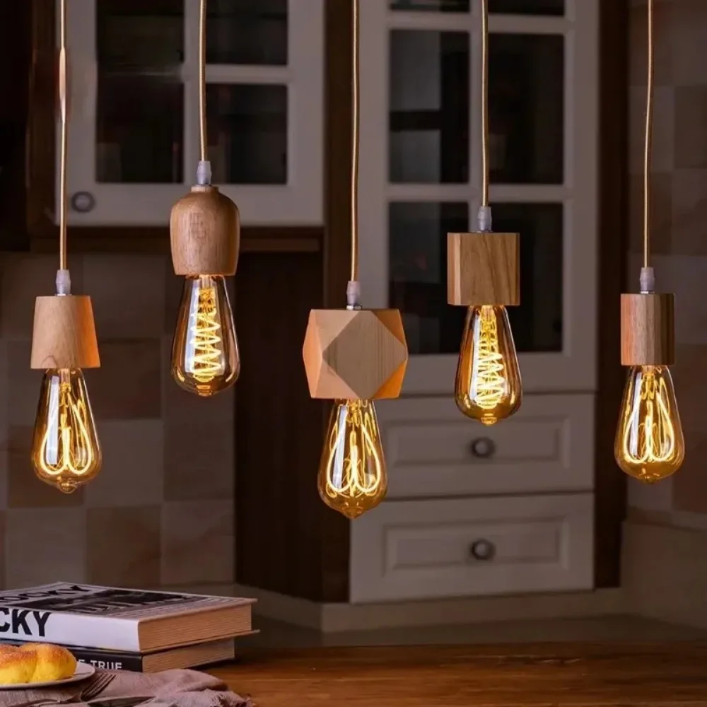 Wooden Pendant Lights Vintage Pendant Lamp E27 Home Decorative Chandelier Bedroom Restaurant Teahouse Single Head Lamp