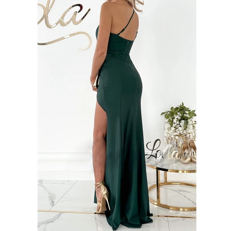 

Women 2023 Elegant Party Dress Oblique Shoulder Strap Backless Slit Dress for Summer New Sleeveless Bodycon Sheath Dress