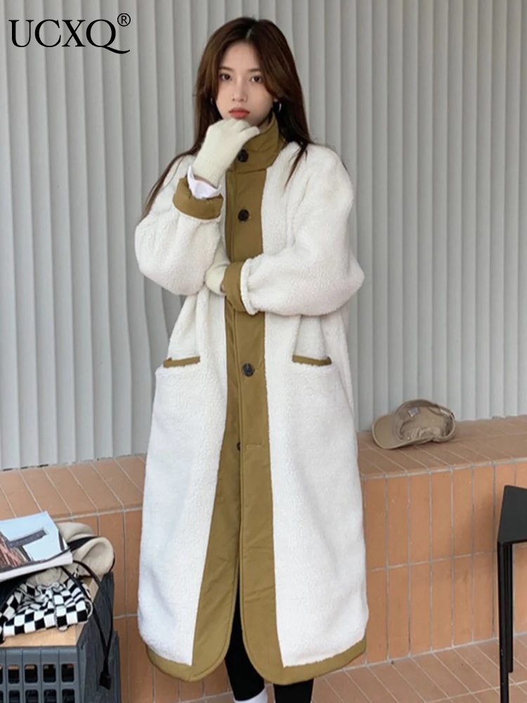 

UCXQ Korean Fashion Reversible Lamb Wool Coats Female Autumn Winter Casual Stand Collar Loose Long Women Overcoats Tide 10AB3087