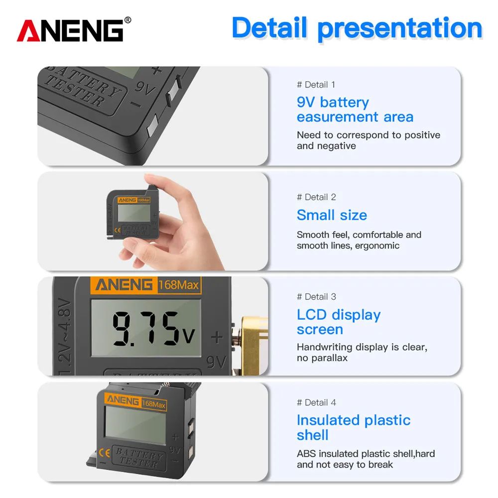 ANENG 168Max Digital Lithium Battery Capacity Tester Universal test Checkered load analyzer Display Check AAA AA Button Cell 5