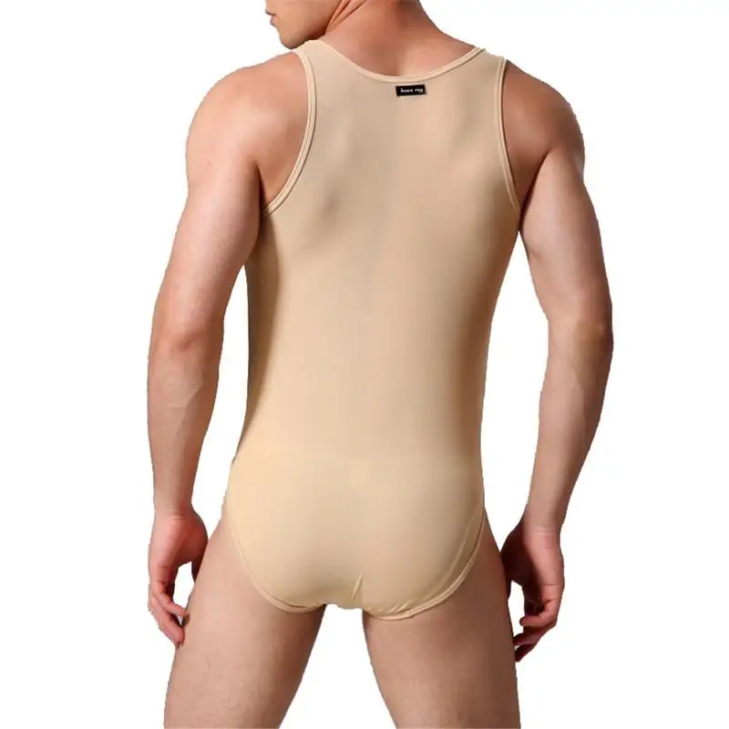 Men Bodysuits Jumpsuits Sexy Mesh Sheer Onesies Lounge Sleepwear Sissy Rompers Sleeveless One-piece Pajamas Underwear