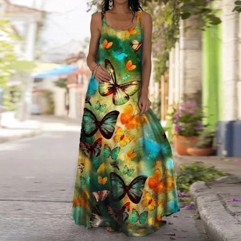 

Women Y2k Maxi Dress Butterfly Flower Printing Oversized Dresses Female Oversized A-Line V-Neck Sleeveless Tie Dye Long Dress