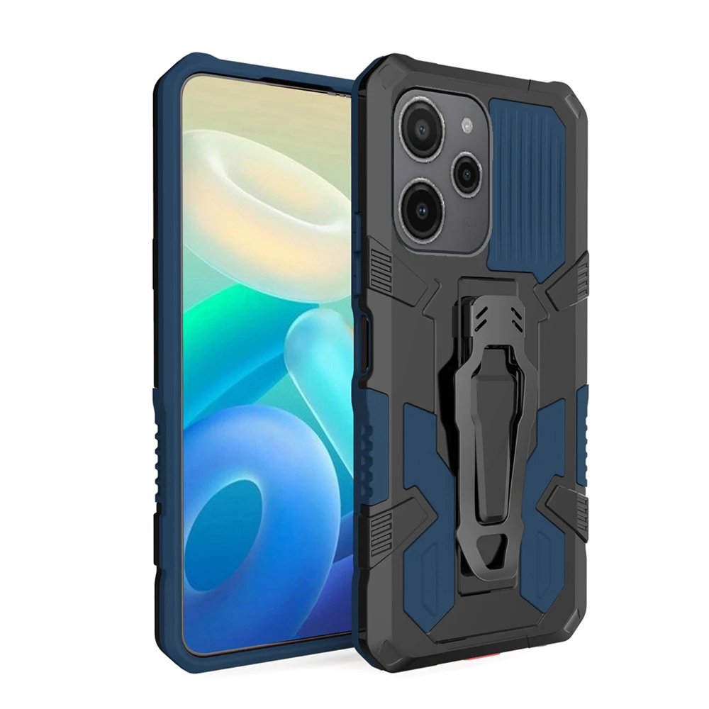 Shockproof Armor Case for Redmi 12 4G 12 5G 12C Silicone+PC Metal Stand Back Clip Phone Cover for Xiaomi POCO M6 Pro 5G