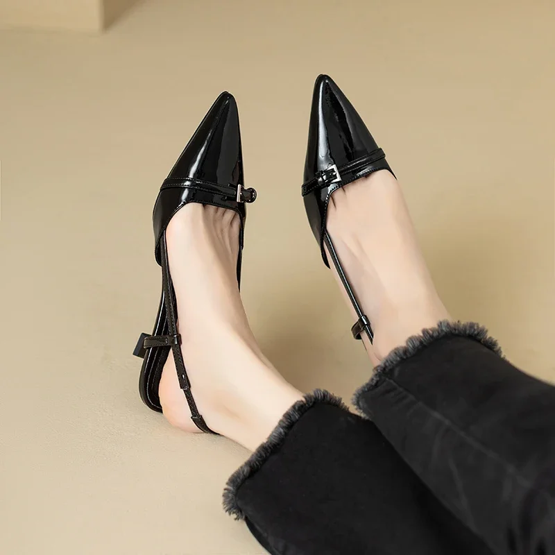 Women's Dress Shoes Pointed Toe Sandals Buckle Slingbacks Mid Heels Pumps Patent Leather Slip on women slingback sandals,women high heels shoes,women dress shoes