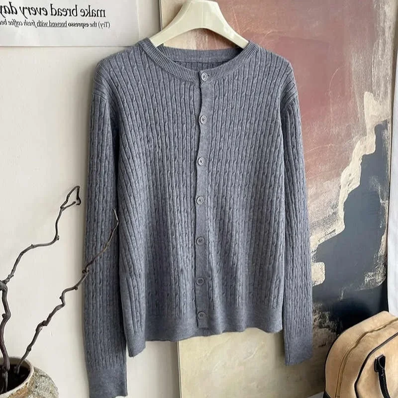 2025 New Casual Versatile Tops Autumn Winter Women's Crew Neck Cardigan Pure Color Long Sleeve Single Breasted Knitted Sweater - Image 4