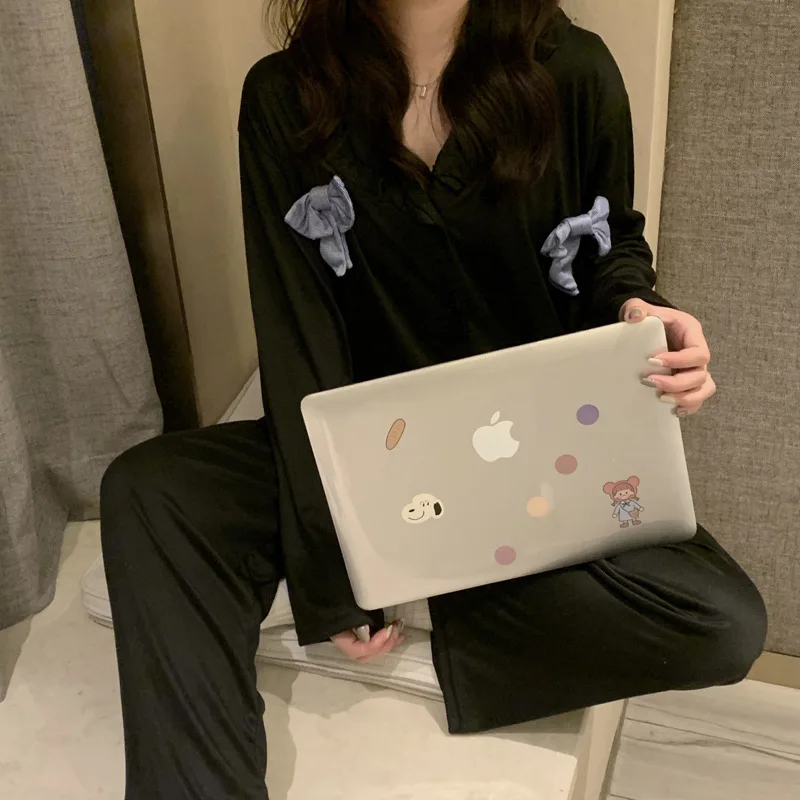 

Korean Pajama Women's Long Sleeved Spring and Autumn Lovely Bow Sweet Girl's Long Pants Home Clothes Two Piece Suit Sleepwear