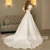 Princess Wedding Dresses Short Sleeves Square Neck Pleat Belt Pocket Bride Dress A Line Satin Bridal Gown Back Zipper Buttons 2