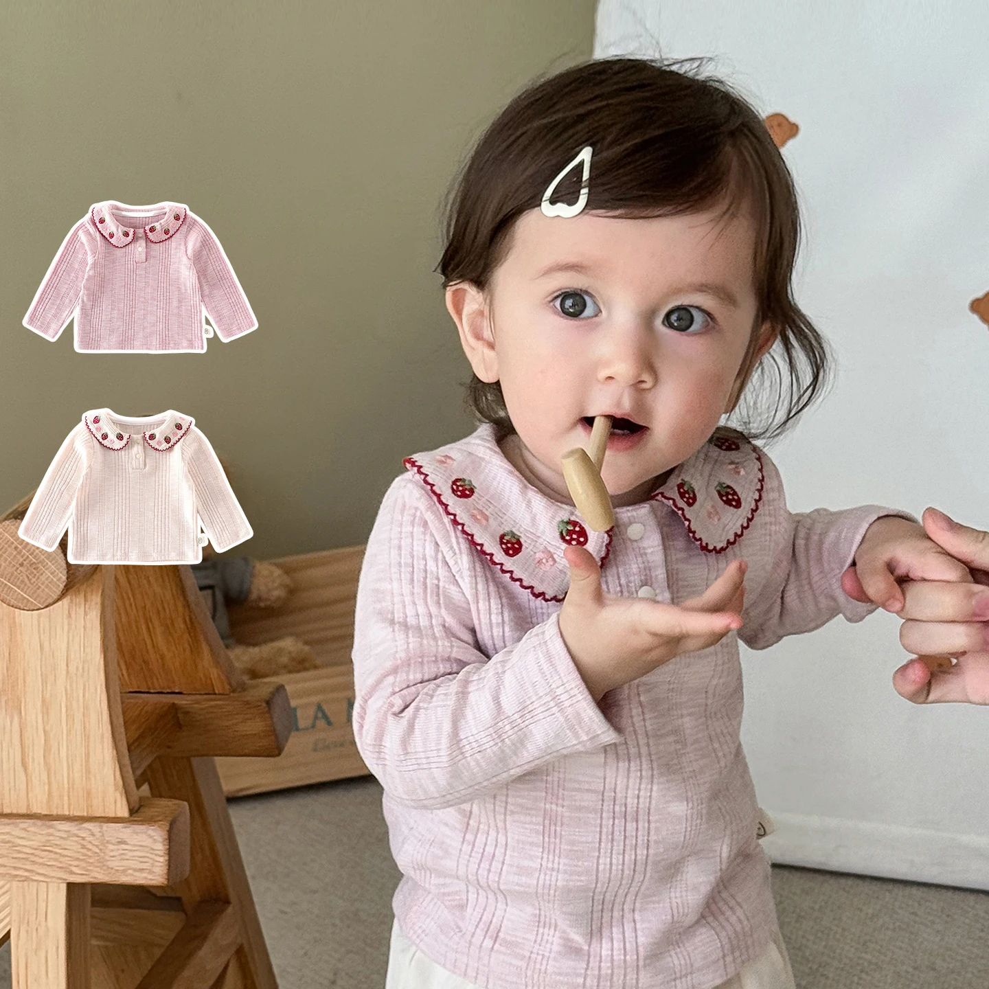 Girls Strawberry Embroidery Blouse Long Sleeve Autumn Top