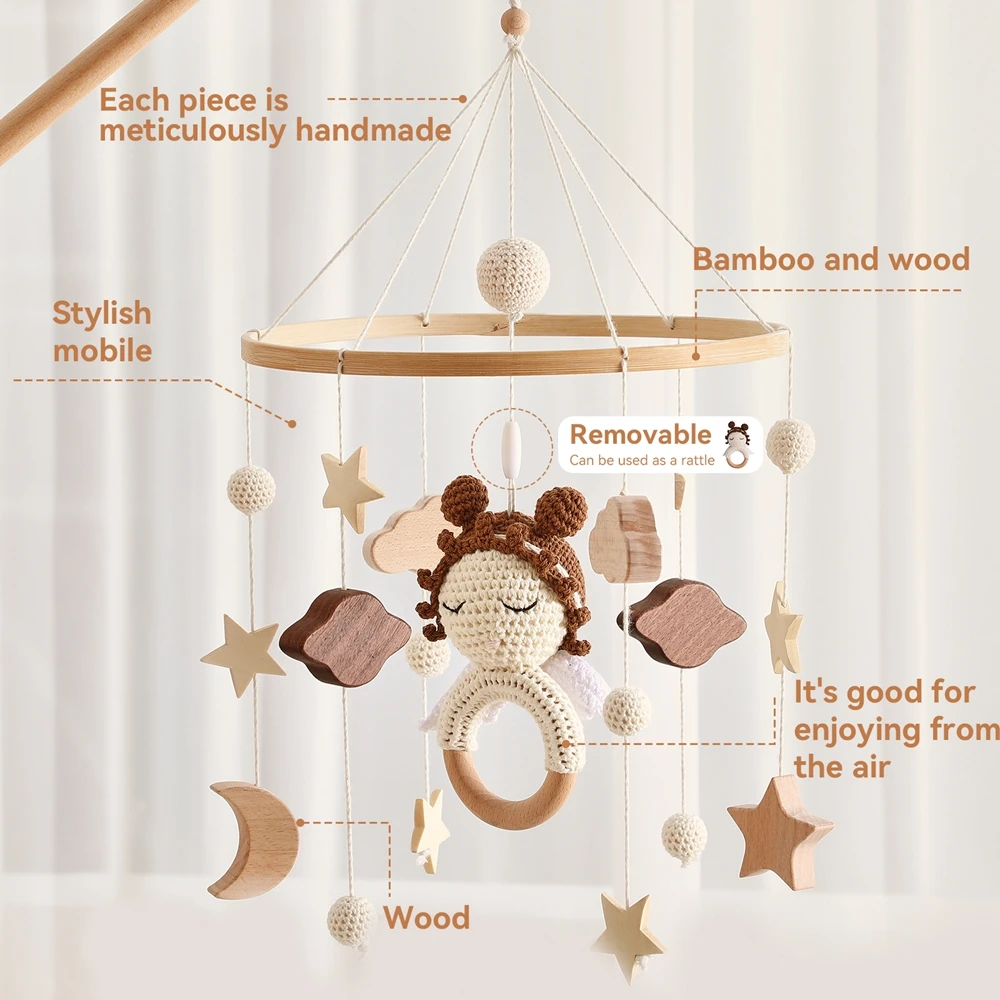 Wooden Crib Mobile Baby Bed Bell Rattle Toy Crochet Cartoon Angel Mobile Hanging Newborn Music Box Bed Bell Hanging Bracket Toy 4