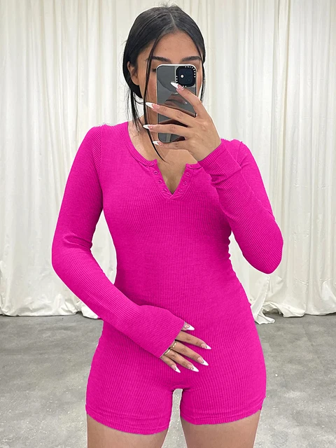 

Playsuit 2023 Fall Winter Women Streetwear Sport Romper Pure Color Buttons Sexy Bodycon Ribbed Long Sleeve One Piece